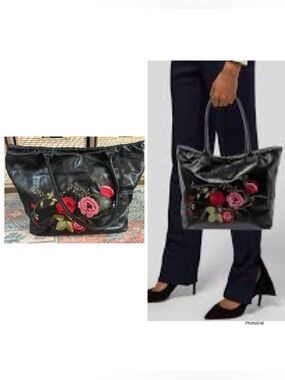 BERGE VTG MADE IN ITALY Leather Tote Bag w/ Colorful Floral Embroidery Black